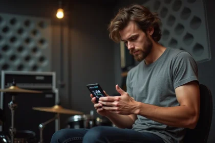 Musicien vérifiant une application de mesure en décibels sur smartphone avant une répétition en studio