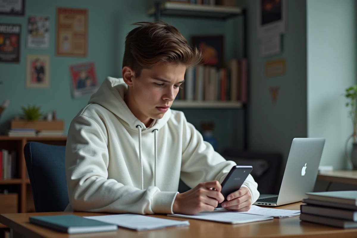 Adolescent utilisant son téléphone portable dans sa chambre pour naviguer en sécurité sur des sites de streaming