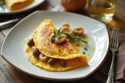 Omelette dorée aux girolles avec vin blanc sur table en bois