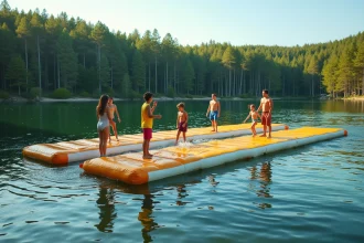 Parcours aquatique gonflable Aplouf sur le lac de Vassivière entouré de forêts de pins en été