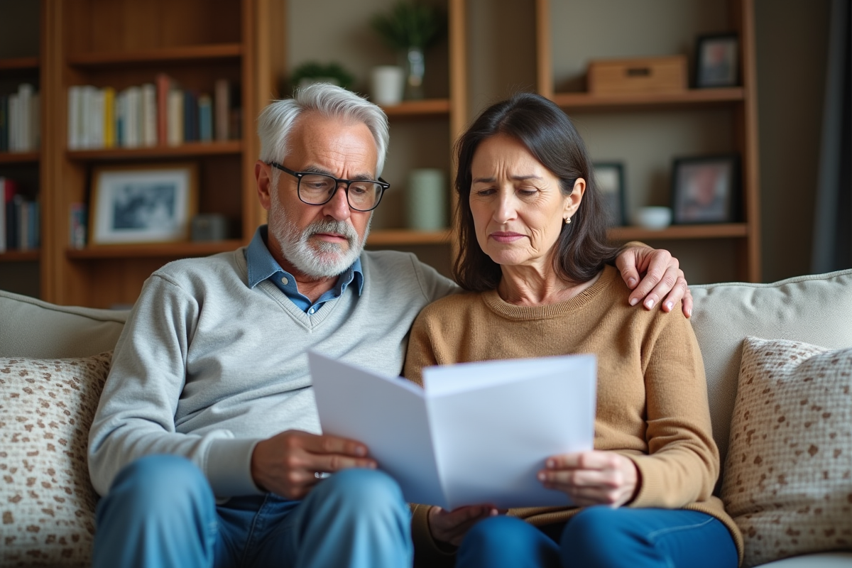 Parents analysent des documents financiers dans le salon