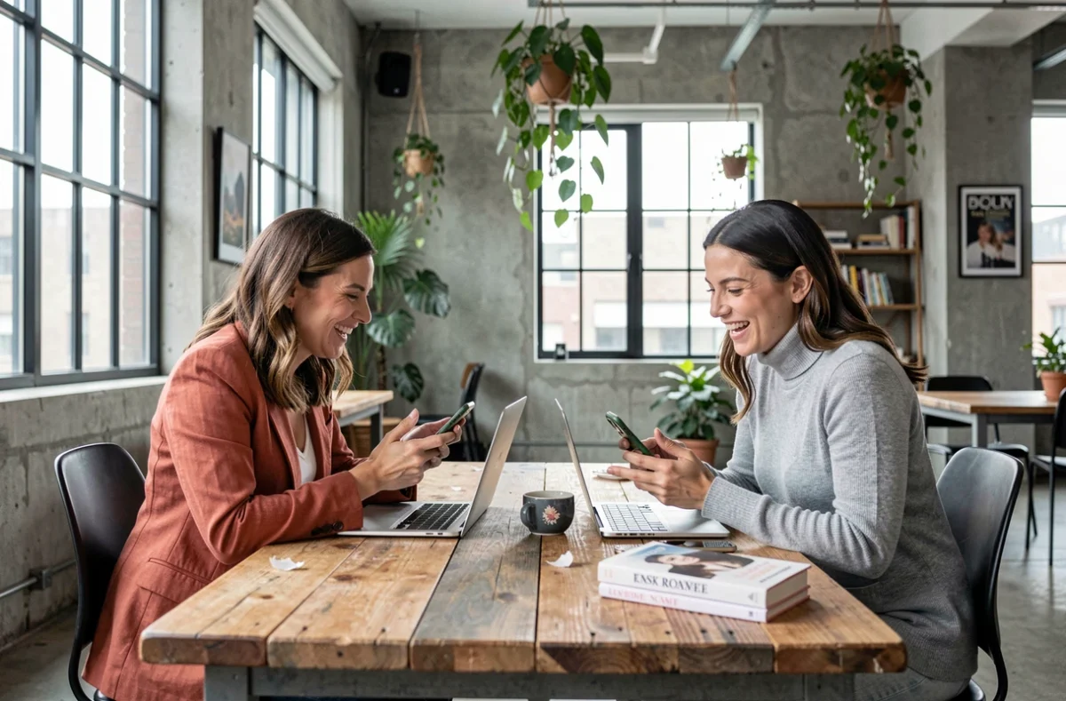 Deux femmes partageant leurs lectures de romans romance sur smartphones autour d'une table dans un espace de coworking moderne