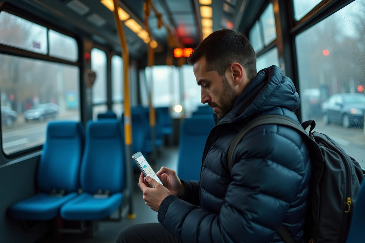 Passager consultant le trajet de la ligne bus 92 sur son smartphone à l'intérieur d'un bus