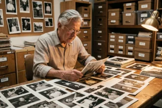Photographe examinant des archives photos noir et blanc sur une table de studio vintage, regard concentré sur ses œuvres anciennes