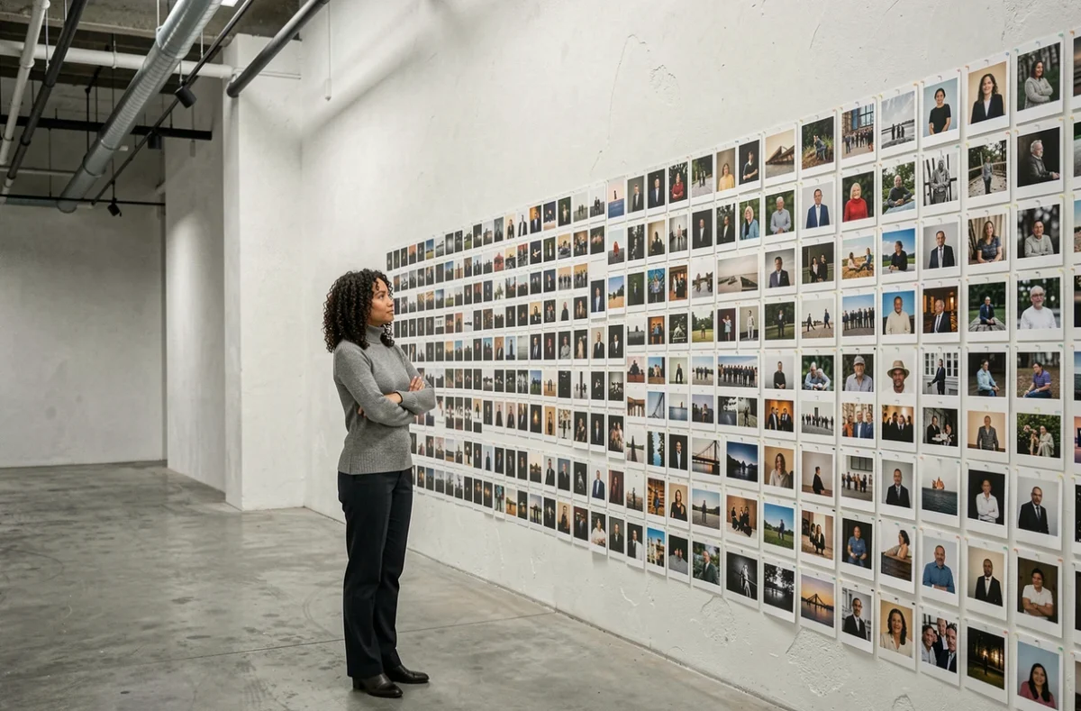 Photographe femme contemplant un mur d'archives de ses photographies dans un studio minimaliste contemporain