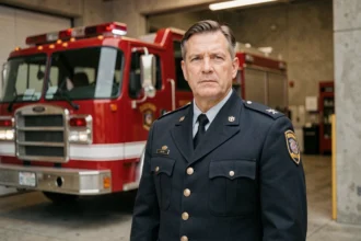 Pompier en uniforme de cérémonie avec insignes de grade visibles en caserne devant un camion rouge