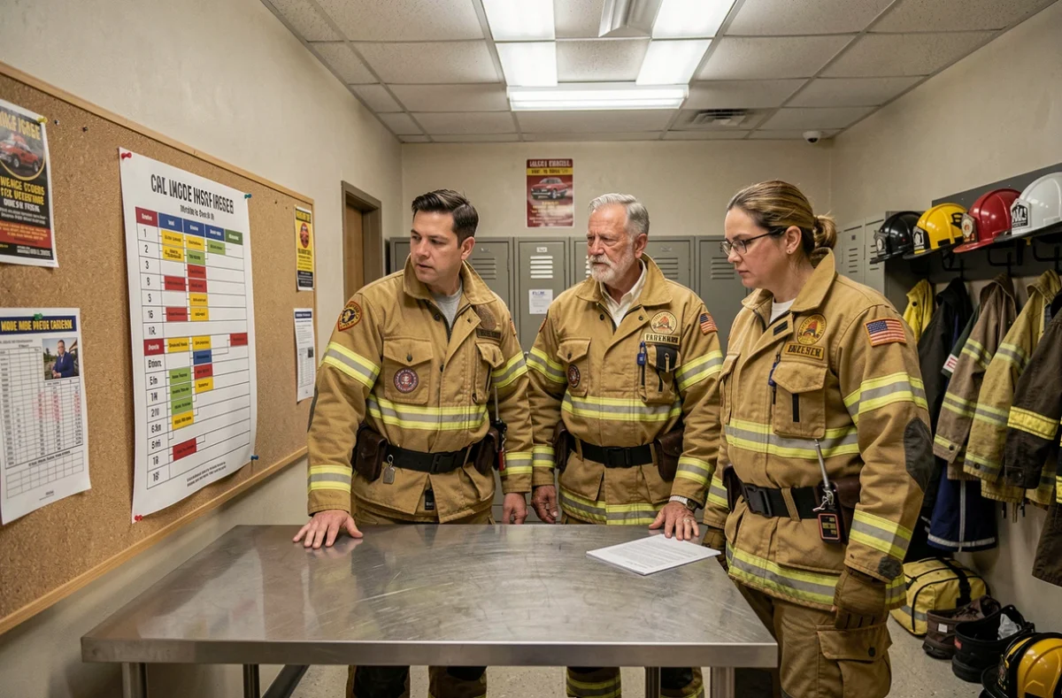 Groupe de pompiers étudiant un tableau des grades hiérarchiques lors d'un briefing en caserne