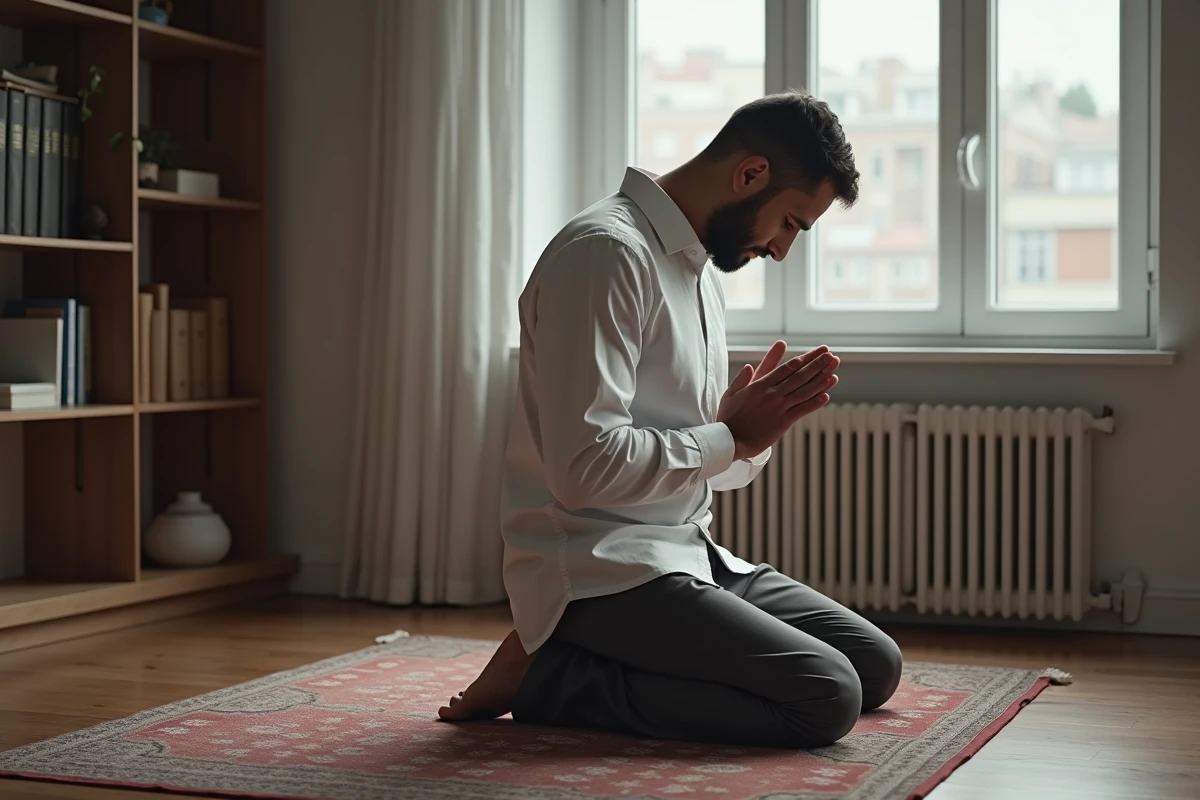 Homme musulman priant dans un appartement moderne