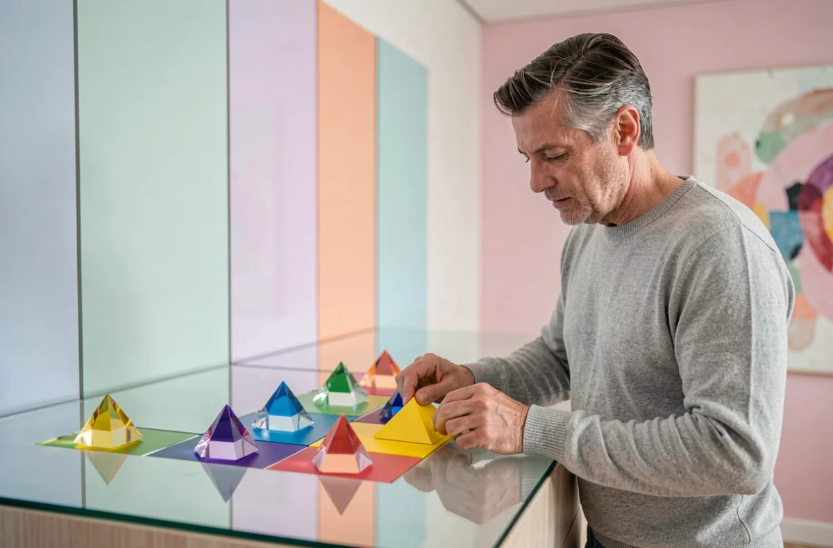 Joueur adulte manipulant des prismes colorés dans la salle design de Prisme Escape Game à Laxou