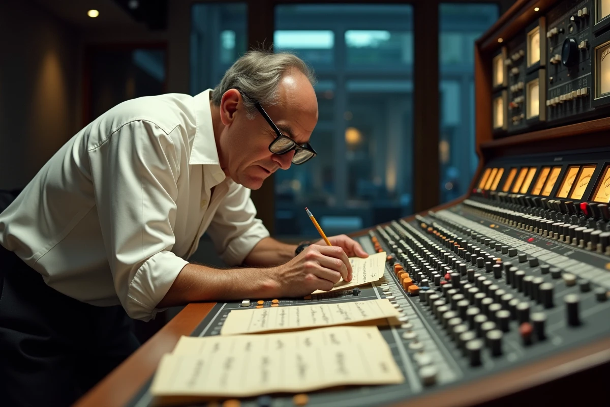 Producteur de musique des années 60 travaillant sur une console analogique dans un studio parisien vintage
