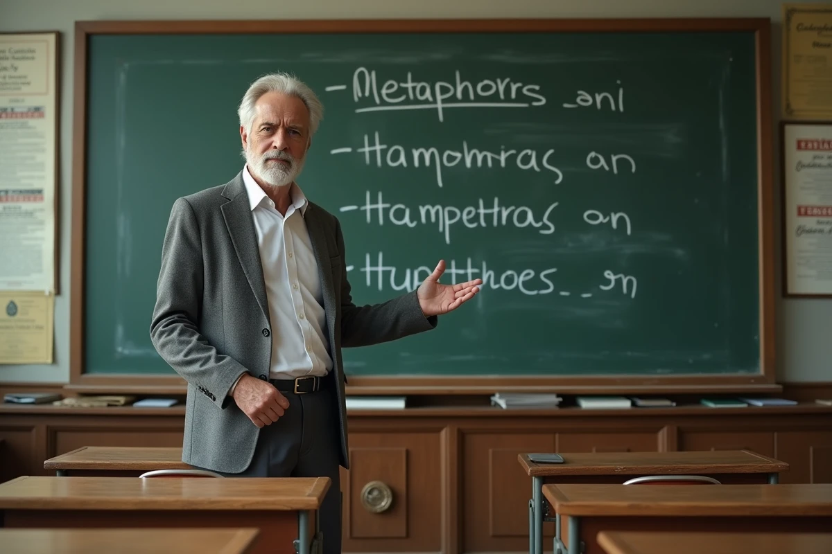 Professeur de français expliquant les figures de style au lycée devant un tableau noir avec des exemples de métaphores et d'anaphores