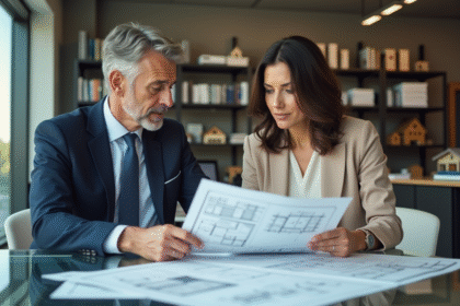 Deux professionnels examinent des plans architecturaux dans un bureau moderne