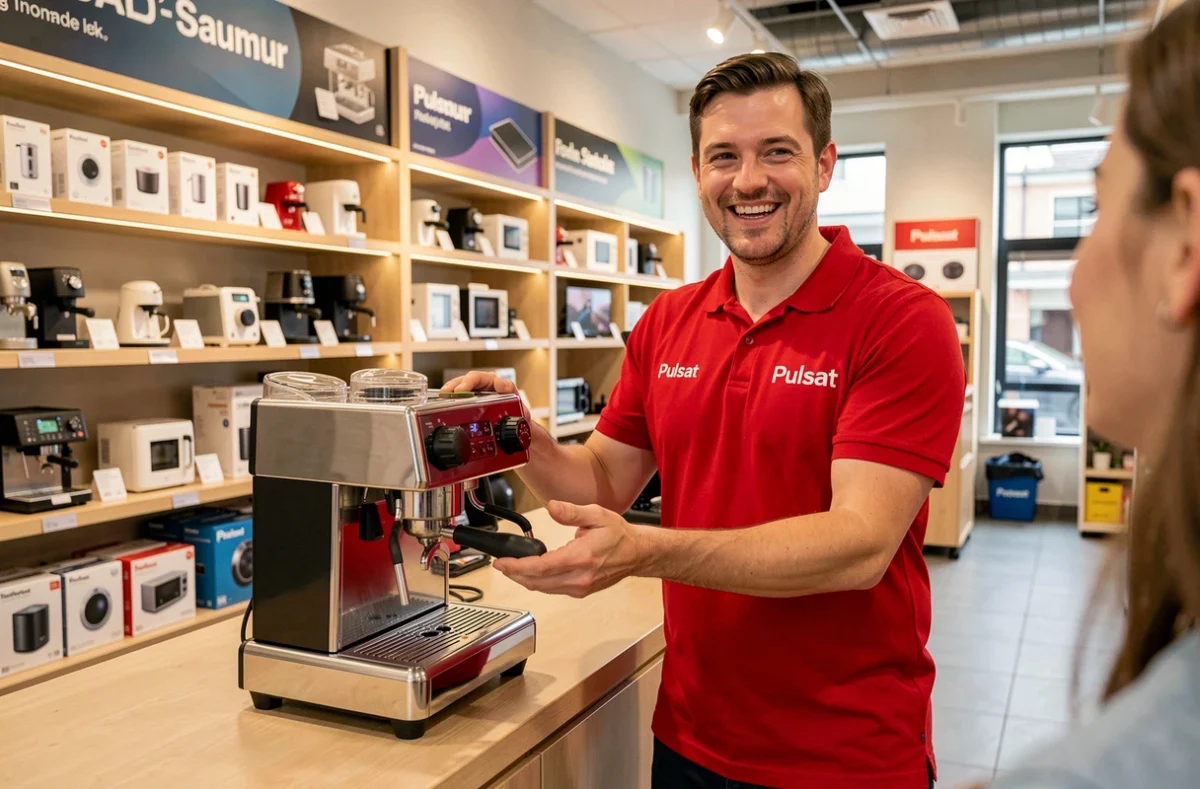 Technicien Pulsat Saumur remettant un appareil réparé à un client au comptoir du magasin d'électroménager