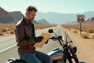 Homme à moto vérifiant une carte sur la route 66