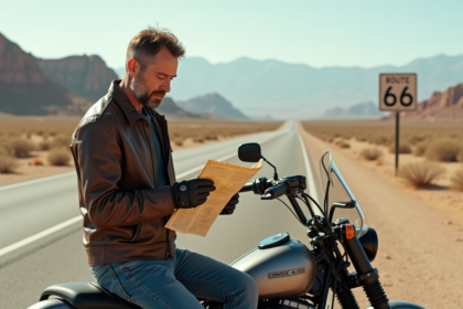 Homme à moto vérifiant une carte sur la route 66