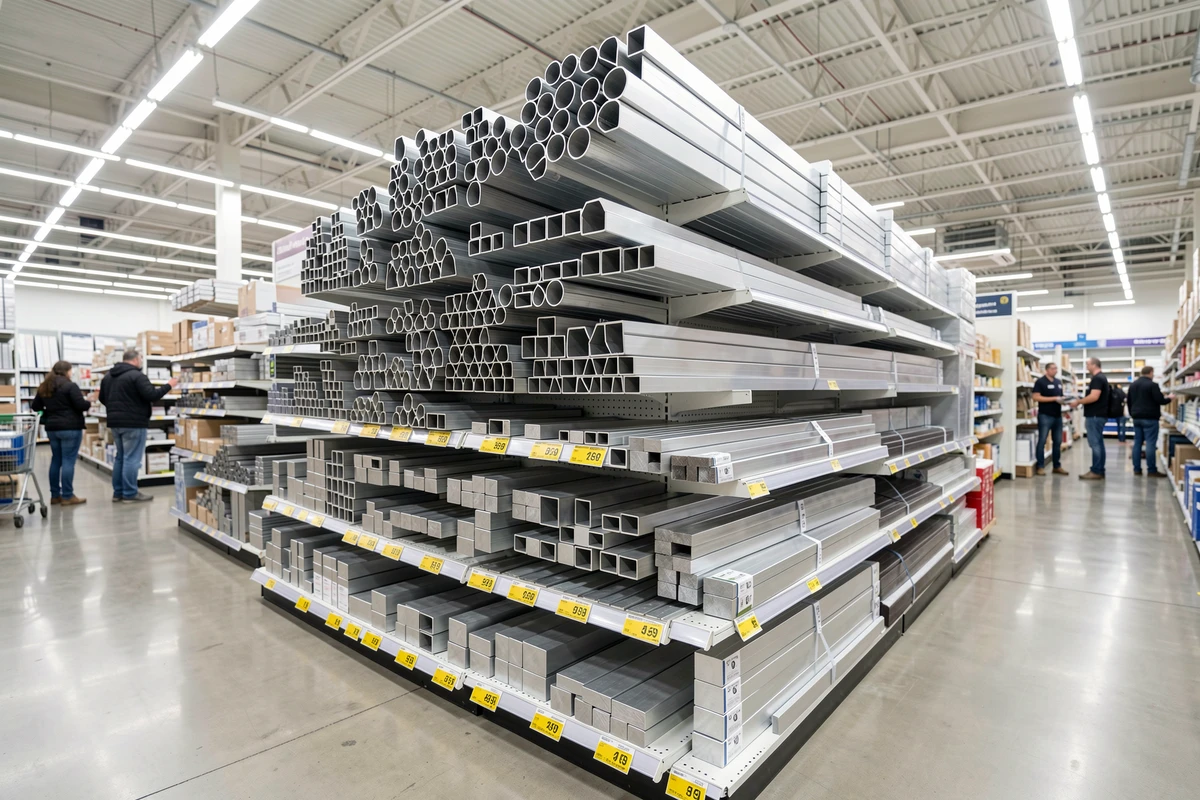 Rayon de barreaux en aluminium en grande surface de bricolage avec différents profils et étiquettes de prix accessibles