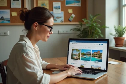 Femme recherchant une location de vacances en Italie sur un site d'annonces en ligne, assise à une table en bois avec une carte d'Italie en arrière-plan