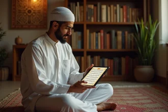 Homme récitant le Coran sur une tablette numérique affichant la liste des 30 juz, assis sur un tapis de prière