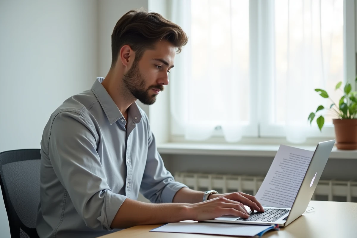 Étudiant rédigeant un mémoire ou rapport de stage sur ordinateur portable dans un espace de travail minimaliste