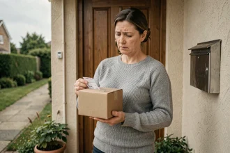 Femme tenant un colis de retour devant sa porte d'entrée avec boîte aux lettres visible