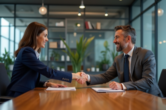 Deux professionnels se serrent la main dans une réunion d'affaires