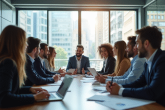 Groupe de professionnels en réunion dans un bureau lumineux