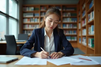 Jeune femme révisant son rapport de stage dans une bibliothèque universitaire, entourée de documents et de notes manuscrites