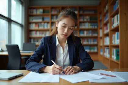 Jeune femme révisant son rapport de stage dans une bibliothèque universitaire, entourée de documents et de notes manuscrites