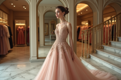 Femme élégante en robe de soirée couture raffinée