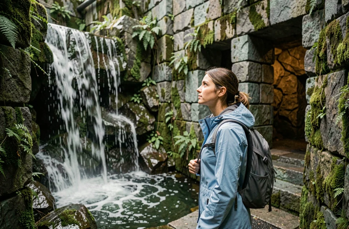Joueuse découvrant le décor immersif de cascade dans l'escape game Les Secrets de la Cascade à Laxou