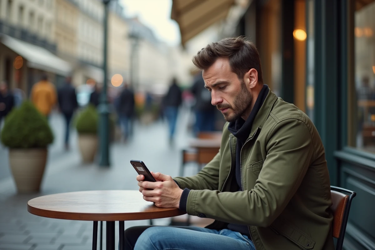 Homme consultant son smartphone dans un café en appliquant des mesures de sécurité pour naviguer sur mobile