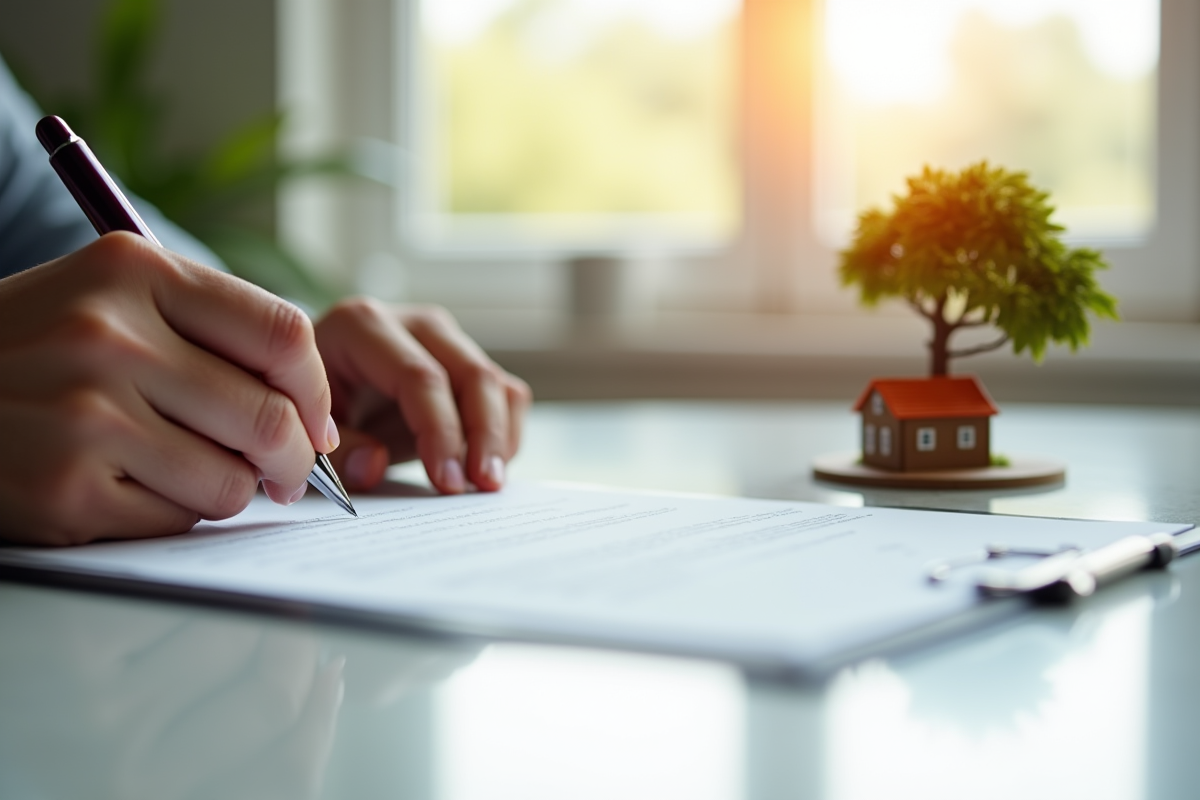 Main signant un document immobilier avec une maison miniature