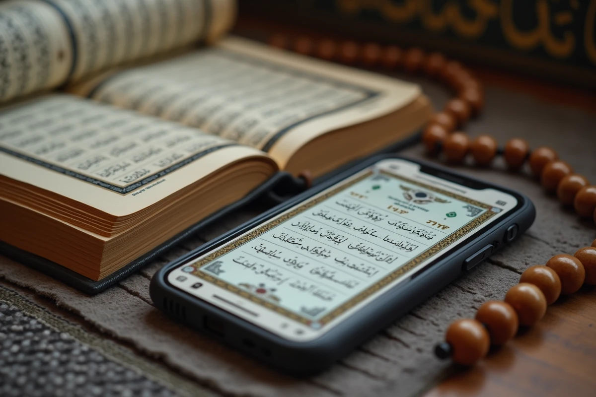 Smartphone affichant la liste numérique des 30 juz du Coran posé à côté d'un mushaf ouvert et d'un chapelet en bois