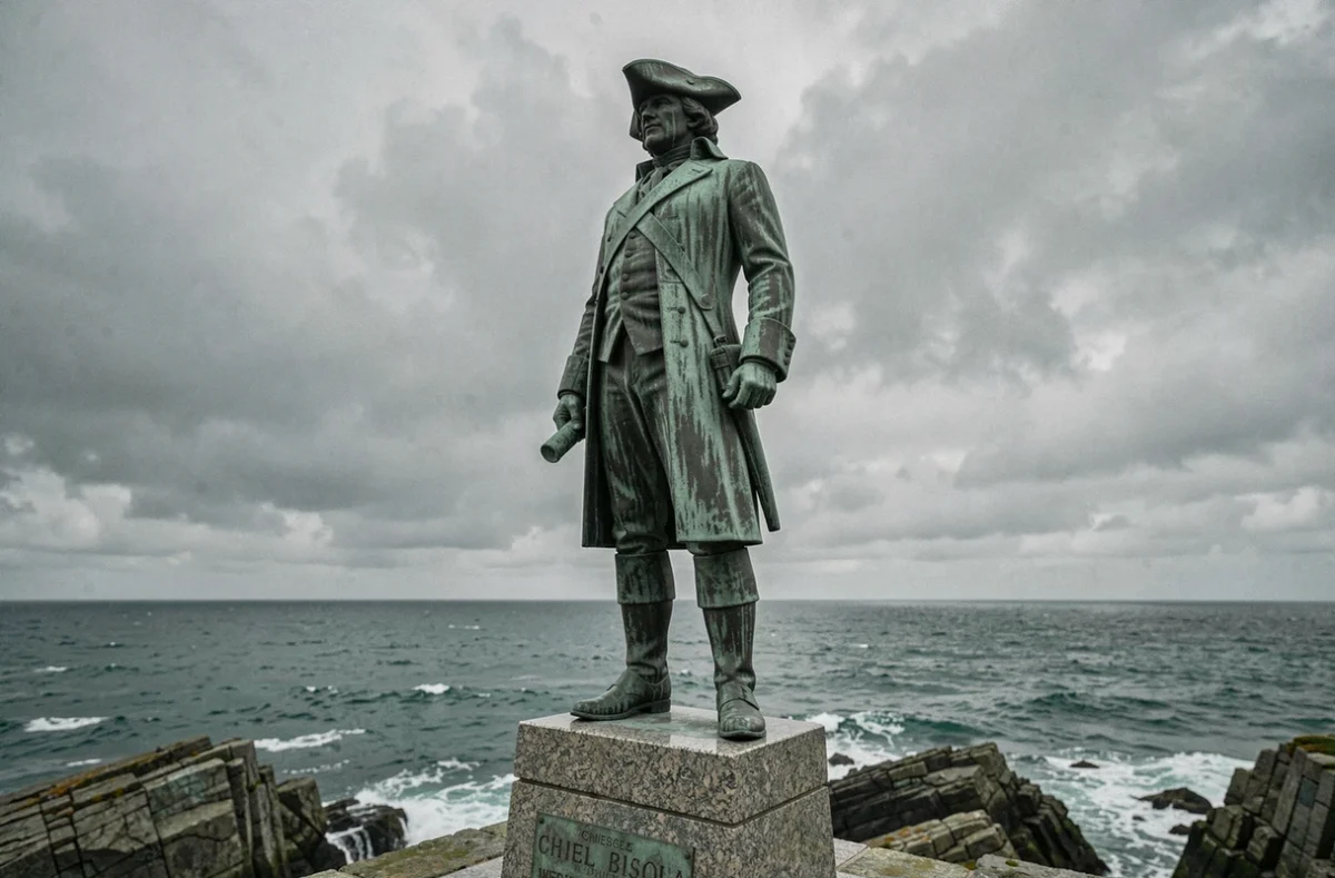 Statue en bronze d'un célèbre navigateur français sur la côte bretonne, symbole de l'exploration maritime et de l'histoire nationale