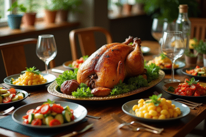 Table festive avec légumes innovants et chapon rôti