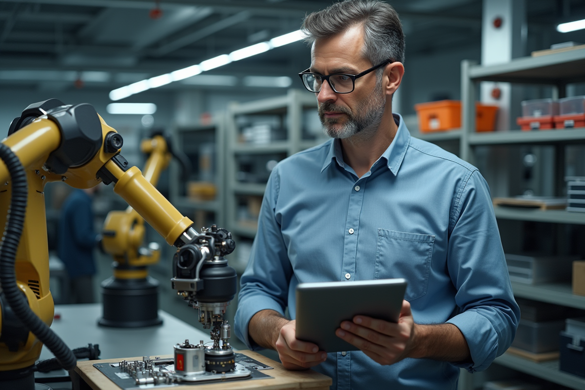 Homme d age regardant un bras robotique en atelier industriel