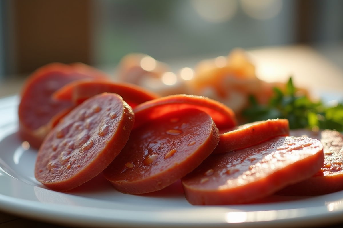 Tranches de chorizo sur une assiette blanche en gros plan