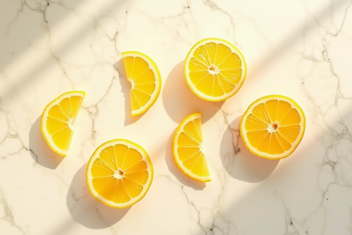 Tranches de citrus sur surface en marbre blanc