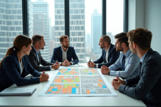 Groupe d urbanistes et architectes autour de plans urbains