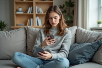 Jeune femme utilisant son smartphone en toute sécurité pour naviguer sur un site web depuis son canapé