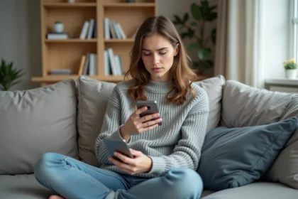Jeune femme utilisant son smartphone en toute sécurité pour naviguer sur un site web depuis son canapé