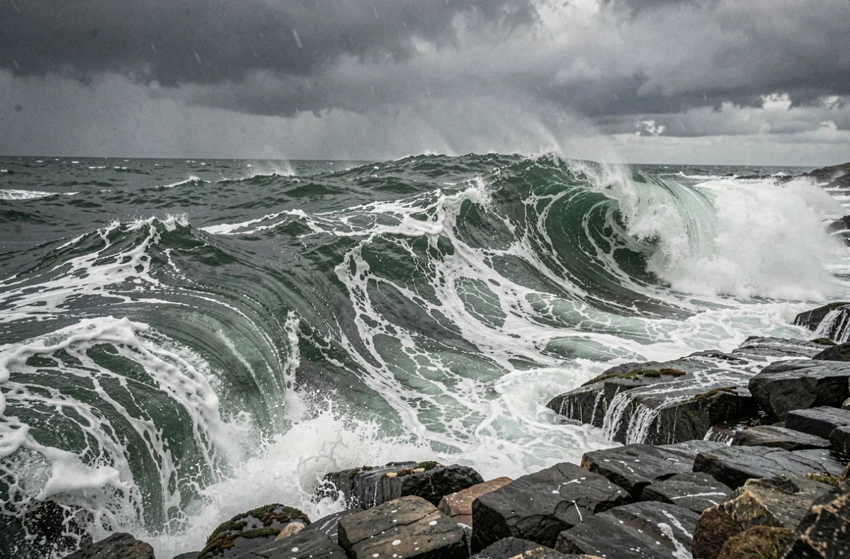 Vague de tsunami massive s'écrasant sur une côte rocheuse japonaise avec une écume blanche et des eaux sombres déchaînées