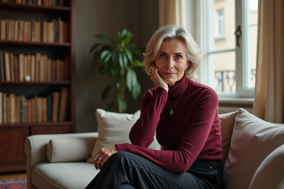 Femme française distinguée assise dans un appartement parisien raffiné, posture pensive et introspective, évoquant ses souvenirs de vie privée et de relations passées