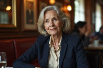 Femme française élégante d'une cinquantaine d'années attablée dans un café parisien, regard nostalgique et pensif, évoquant les souvenirs d'une vie intime
