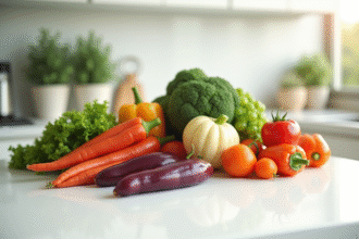 Variété de légumes en forme de L sur un plan de travail blanc