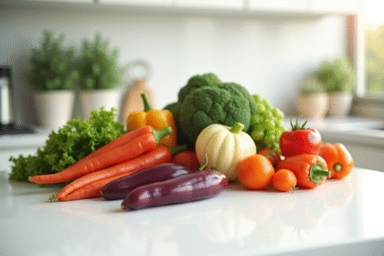 Variété de légumes en forme de L sur un plan de travail blanc