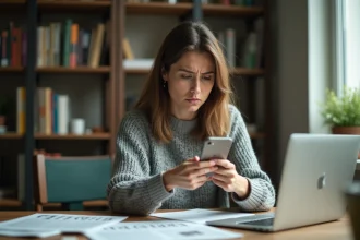 Femme vérifiant une information sur son smartphone avant de la partager sur les réseaux sociaux
