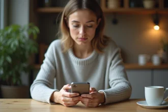 Femme vérifiant la confirmation de recharge mobile Lycamobile sur son smartphone dans une cuisine moderne
