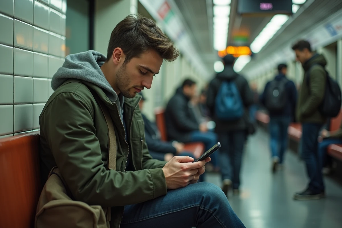 Jeune homme vérifiant par SMS l'activation de sa recharge Lycamobile dans le métro