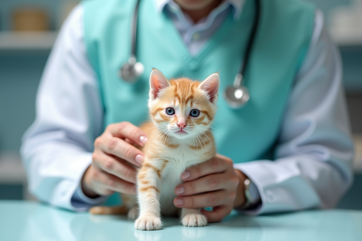 Vétérinaire examinant un chaton malade sur une table propre